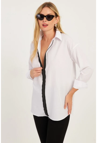 Kadın Beyaz Fermuarlı Gömlek  KPN08