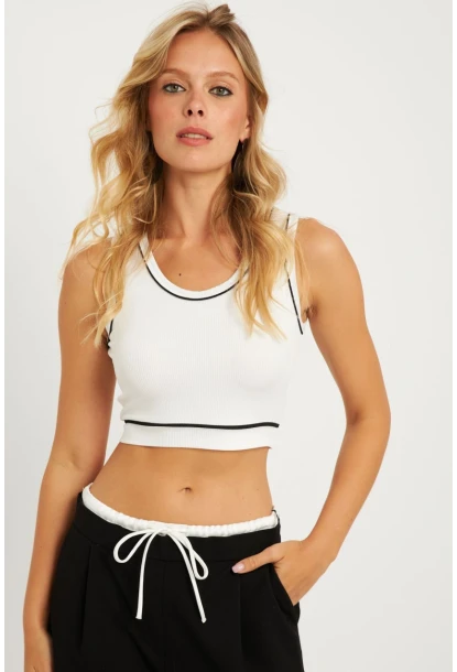 Kadın Beyaz Fitilli Crop Bluz CG359