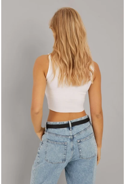 Kadın Beyaz Fitilli Crop Bluz LPP1262