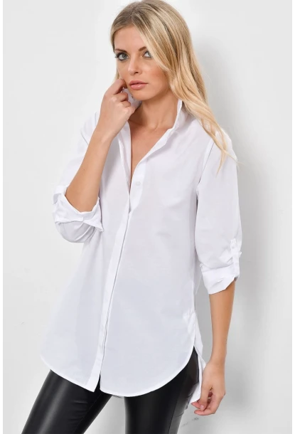 Kadın Beyaz Gizli Düğmeli Uzun Gömlek SF2001