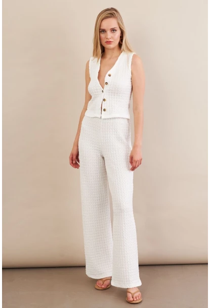 Kadın Beyaz Gofre Yelek Pantalon Takım FLU330