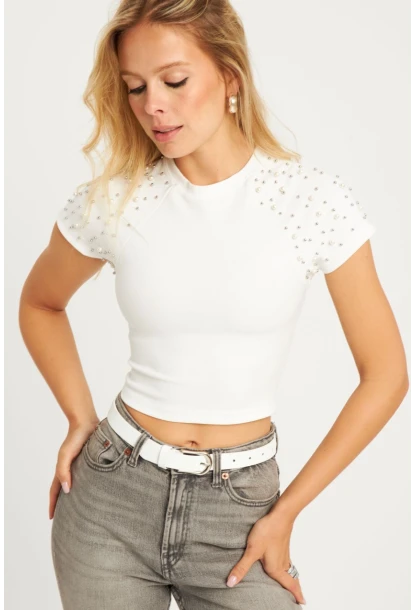 Kadın Beyaz İncili Kısa Bluz HOL2112