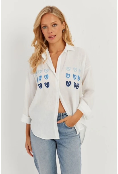 Kadın Beyaz Kalp Nakışlı Gömlek PP5391