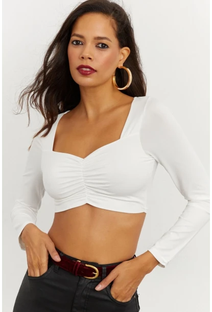 Kadın Beyaz Kalp Yaka Crop Bluz CG260