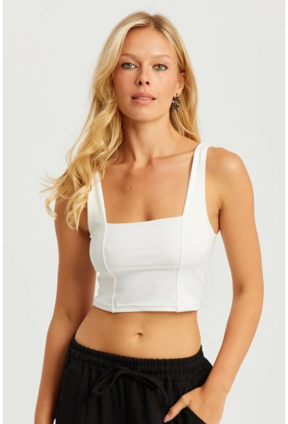 Kadın Beyaz Kare Yaka Crop Bluz CG348