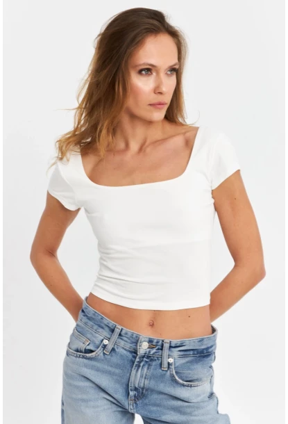 Kadın Beyaz Kare Yaka Crop Bluz SB108