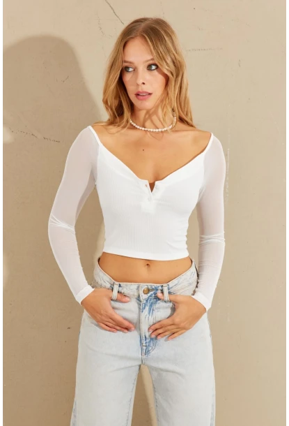 Kadın Beyaz Kolları Tül Crop Bluz CG315