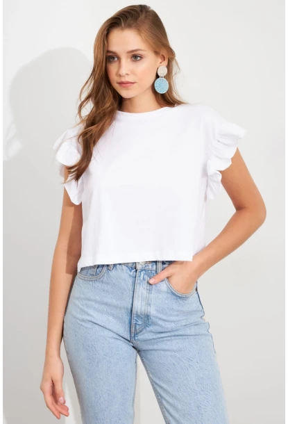 Kadın Beyaz Kolları Volanlı Crop T-Shirt SAN100