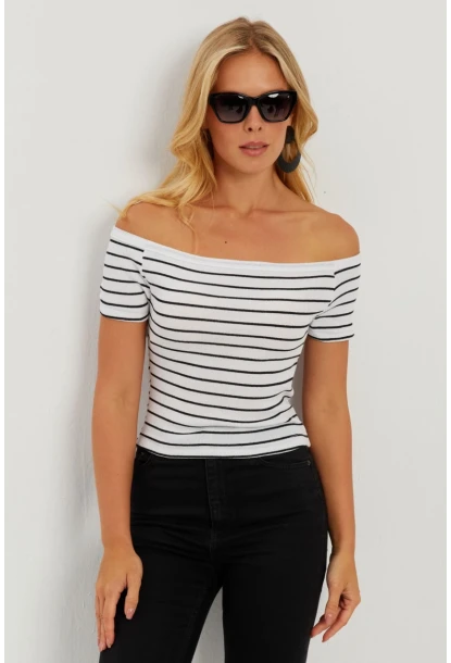 Kadın Beyaz Madonna Yaka Çizgili Kaşkorse Bluz AYD311