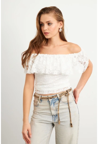 Kadın Beyaz Madonna Yaka Dantel Bluz MTK13549