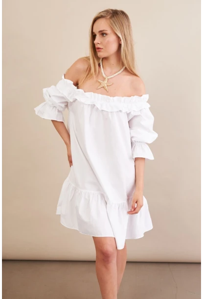 Kadın Beyaz Madonna Yaka Midi Elbise PSG1012