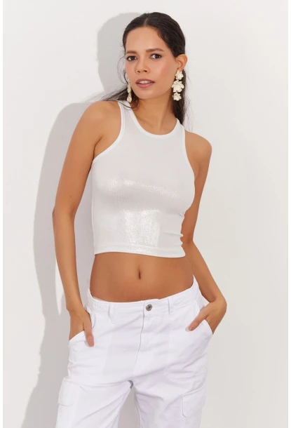 Kadın Beyaz Metalik Crop Bluz LPP1218