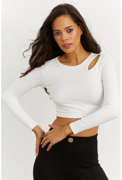 Kadın Beyaz Omuz Pencereli Crop Bluz CG262