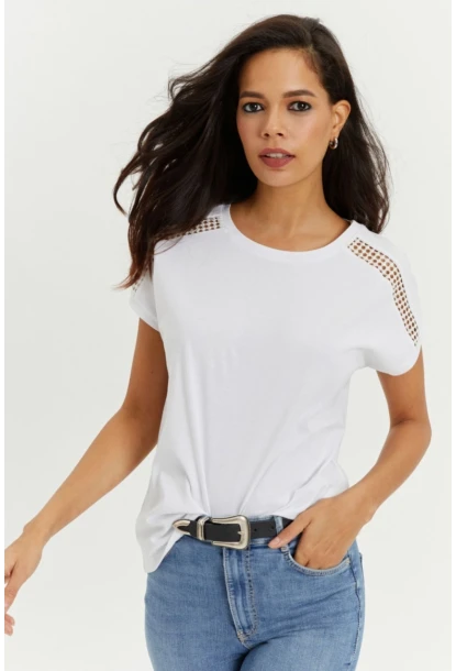 Kadın Beyaz Omuzları Dantel Salaş T-Shirt Yİ2442