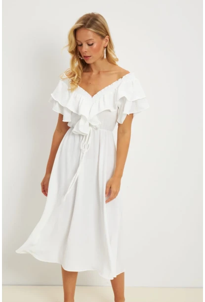 Kadın Beyaz Ön Arka V Volanlı Elbise KS113
