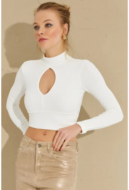 Kadın Beyaz Önü Damla Crop Bluz LPP1243