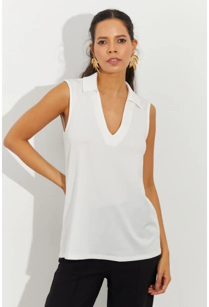 Kadın Beyaz Polo Yaka Bluz LPP1219