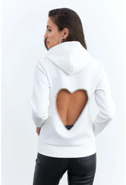 Kadın Beyaz Sırt Dekolteli Taşlı Sweatshirt BTH15