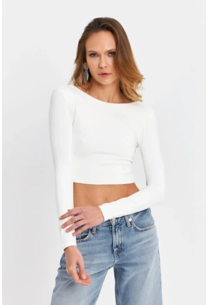 Kadın Beyaz Sırtı Açık Crop Bluz EV21