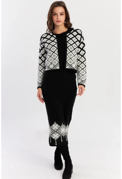 Kadın Beyaz-Siyah Desenli İkili Triko Takım NUV42