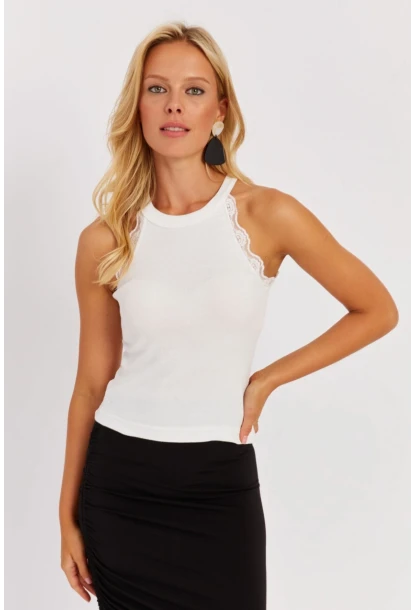 Kadın Beyaz-Siyah Halter Yaka Dantelli Bluz MK08