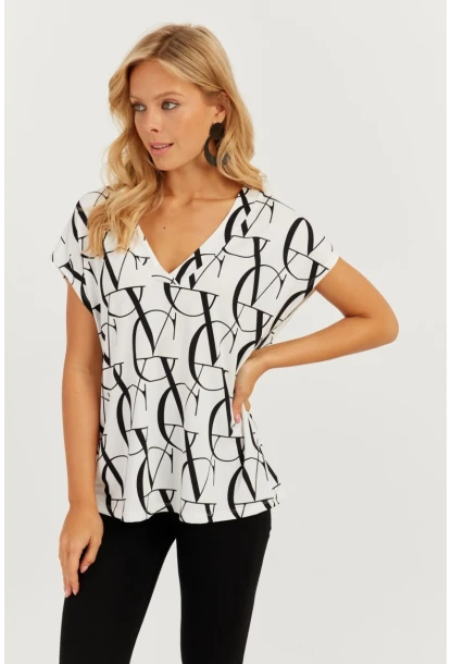 Kadın Beyaz-Siyah V Yaka Desenli Bluz AYD293