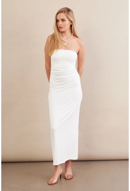 Kadın Beyaz Straplez Büzgülü Midi Elbise MX2005