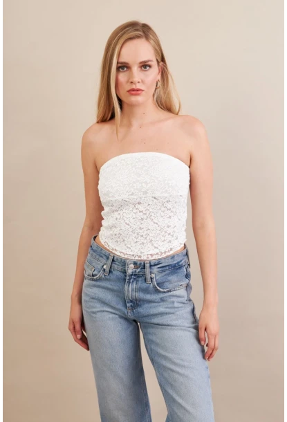Kadın Beyaz Straplez Dantel Bluz ZH125