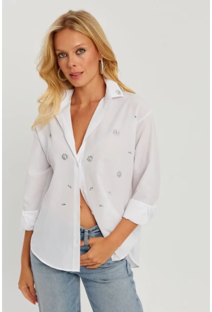 Kadın Beyaz Taşlı Gömlek SF2550