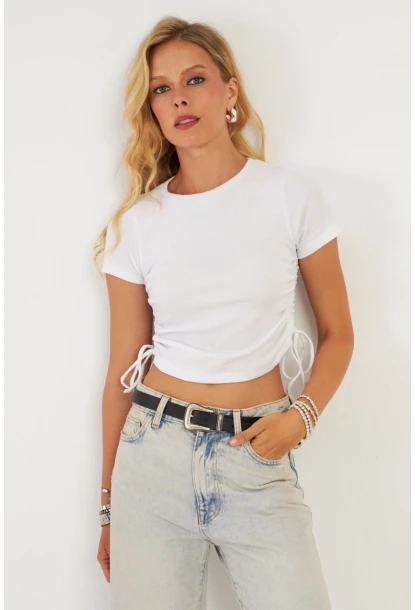 Kadın Beyaz Yanları Büzgülü Kaşkorse Bluz AYD355