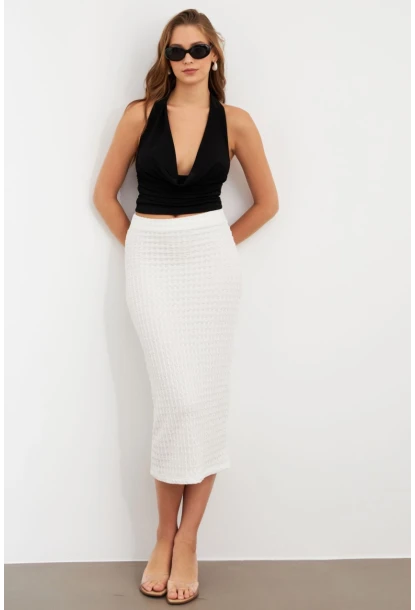 Kadın Beyaz Yırtmaçlı Bürümcük Midi Etek ZH329