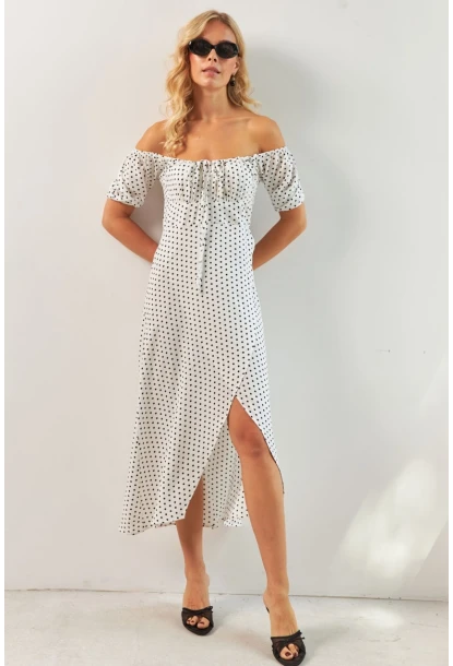 Kadın Beyaz Yırtmaçlı Desenli Midi Elbise KED0243