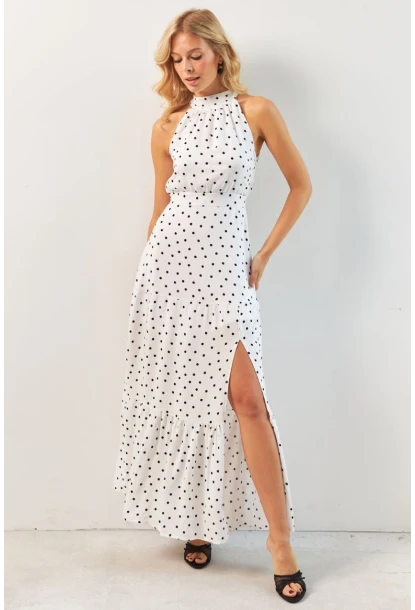 Kadın Beyaz Yırtmaçlı Puantiyeli Midi Elbise KED4233