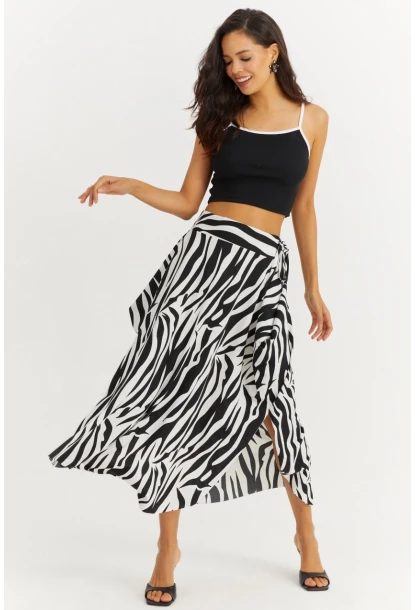 Kadın Beyaz Zebra Desenli Asimetrik Etek LV81