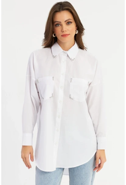 Kadın Beyaz Zımbalı Gömlek MASF2