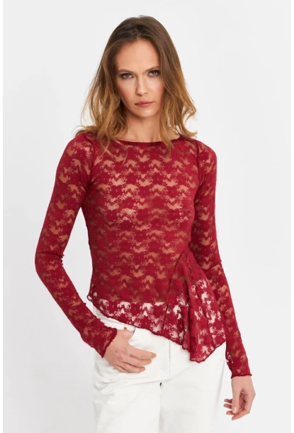 Kadın Bordo Asimetrik Dantel Bluz MTK13288