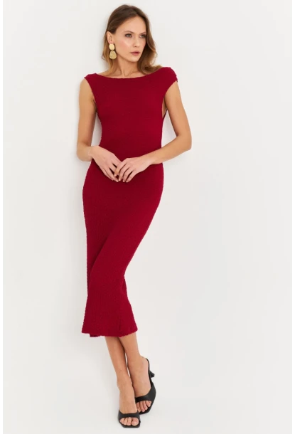 Kadın Bordo Asimetrik Yaka Gofre Midi Elbise MOD2358