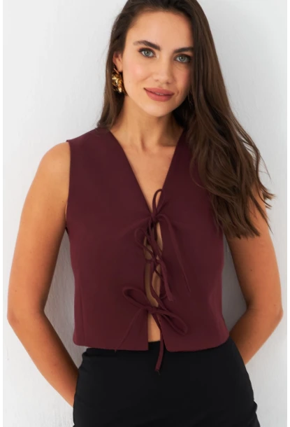 Kadın Bordo Bağlama Detaylı Astarlı Yelek ELA6645