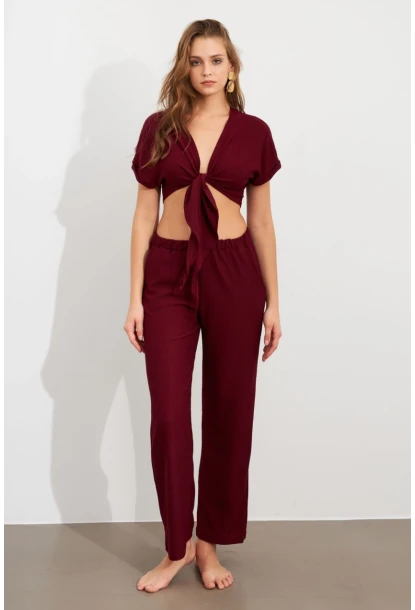 Kadın Bordo Bağlamalı Bürümcük Takım Q1012