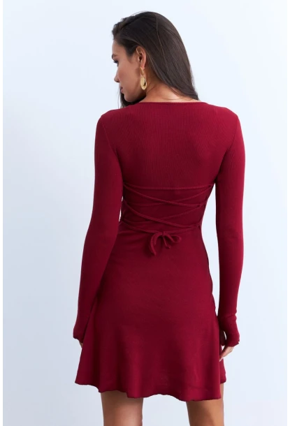 Kadın Bordo Bağlamalı Kaşkorse Mini Elbise FRY2175