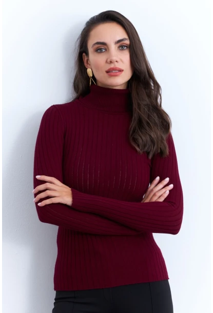 Kadın Bordo Balıkçı Yaka Triko Bluz YV102-90