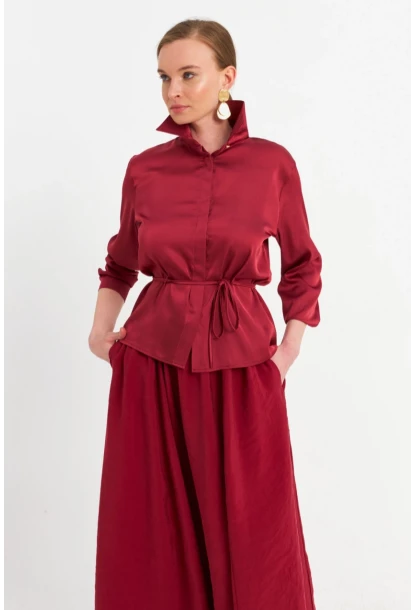 Kadın Bordo Beli Bağlamalı Saten Gömlek MMRS4212