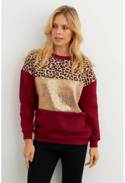Kadın Bordo Bloklu Sweatshirt MST098