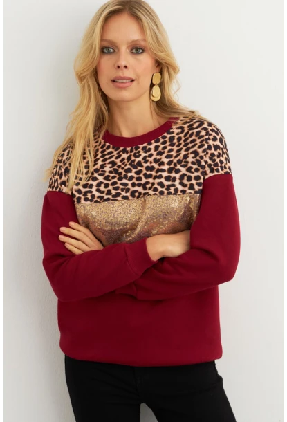 Kadın Bordo Bloklu Sweatshirt MST098