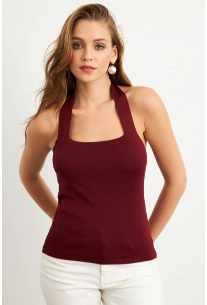 Kadın Bordo Boyundan Bağlamalı Triko Bluz YV356