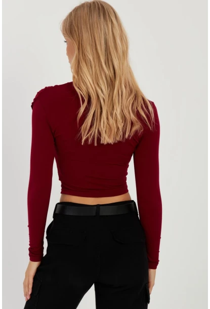 Kadın Bordo Büzgülü Kısa Bluz MEN2023-90