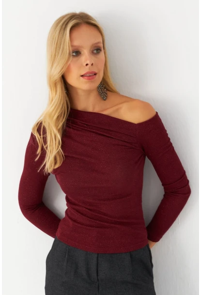 Kadın Bordo Çapraz Yaka Simli Bluz ERL10060