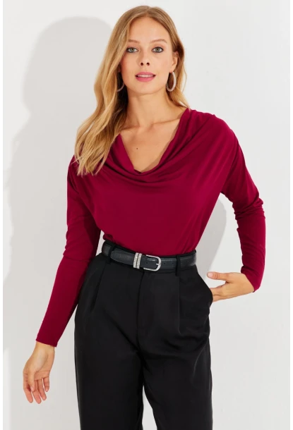 Kadın Bordo Degaje Yaka Bluz LPP1234