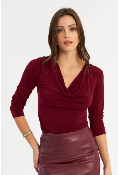 Kadın Bordo Degaje Yaka Büzgülü Bluz FRY2248