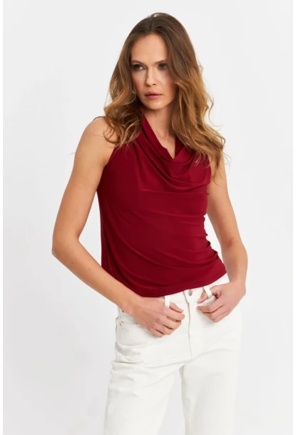 Kadın Bordo Degaje Yaka Kolsuz Bluz LPP1226-90